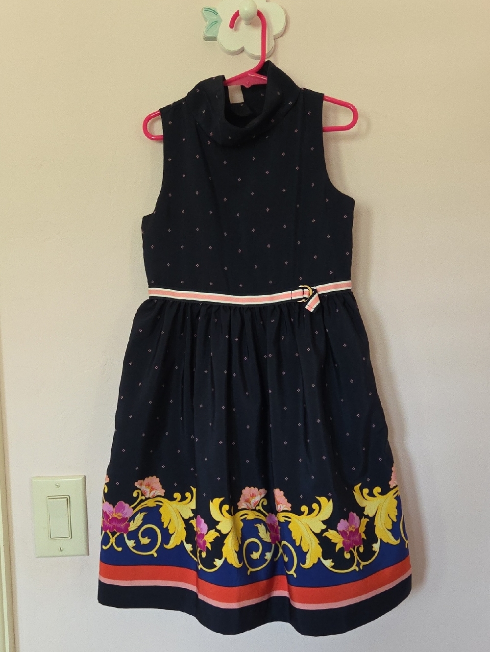 Janie and Jack Navy Sleeveless Dress with Yellow and Pink Floral Border